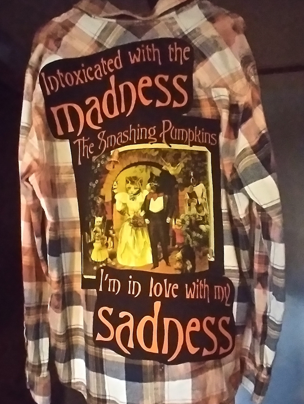 Upcycled Bleached Flannel Shirt W/ Custom THE SMASHING PUMPKINS back Patch